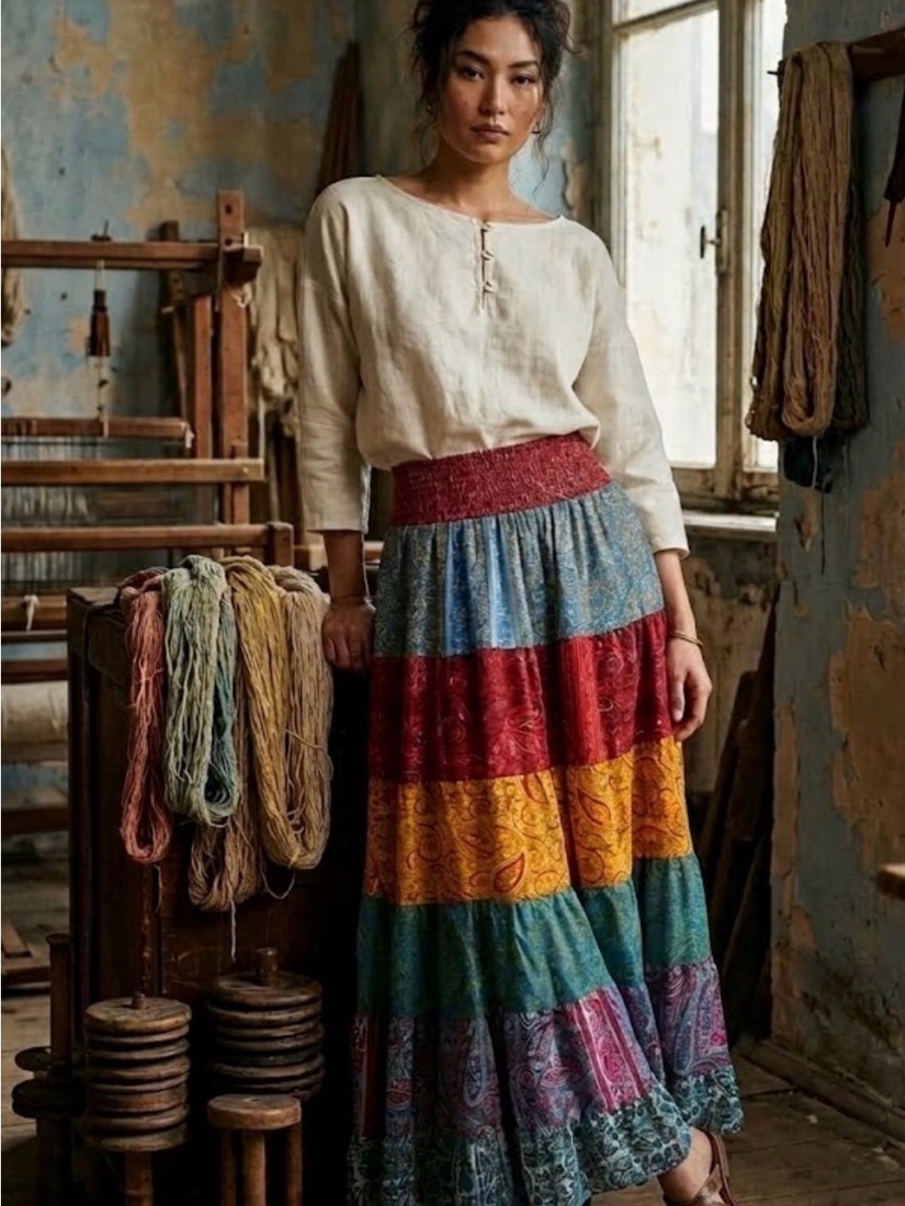 Boho Tiered Maxi Skirt in Multi-Color Patchwork